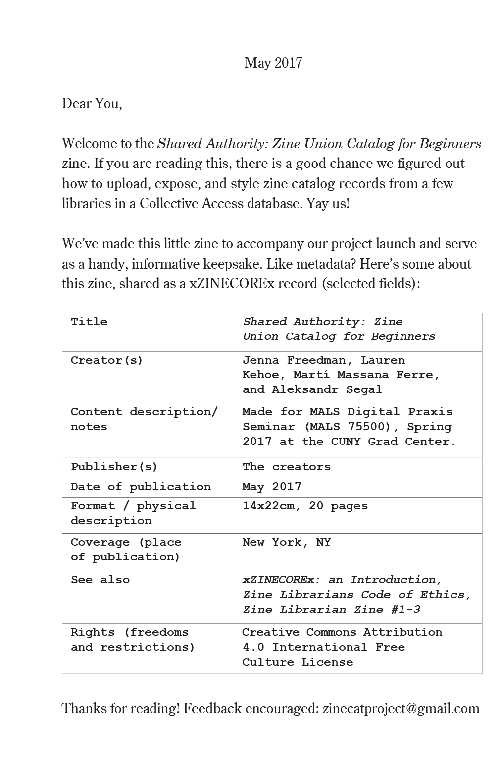 A page featuring an introductory letter for the ZineCat zine, Shared Authority.