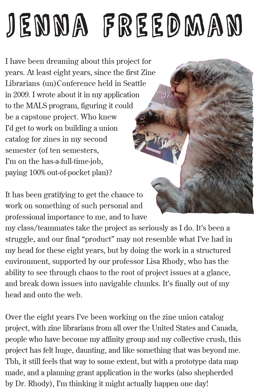 A page introducing Jenna Freeman featuring an image of a grey cat laying on a zine.