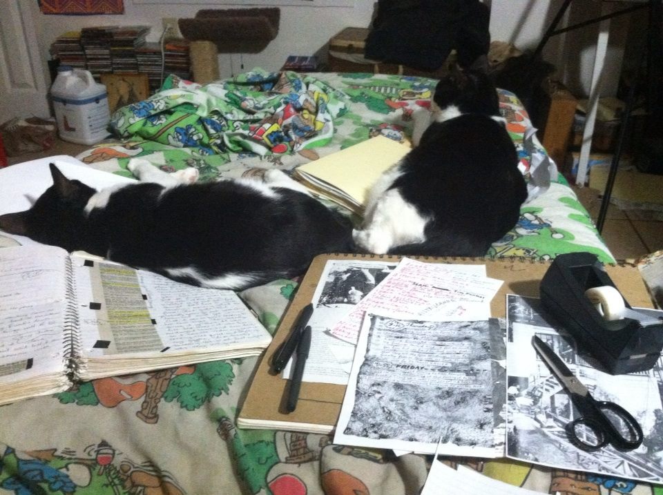 Two cats, Lightning Butt and Grampy Doodle, preparing for the St. Pete Zine Fest by sleeping on top of open notebooks and half-made zines.