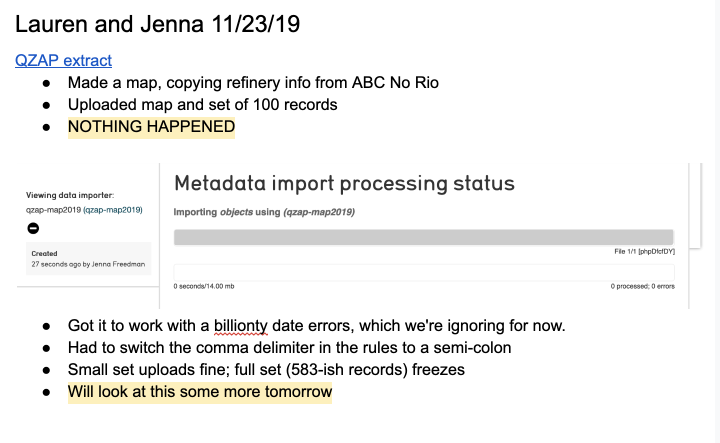 A screenshot of Google Docs notes about metadata. import processing status being frozen