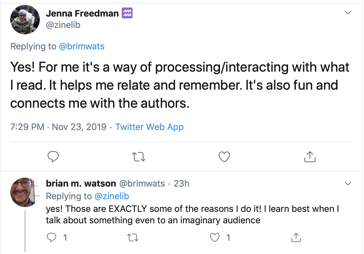 A screen capture of tweets between @zinelib and @brimwats.