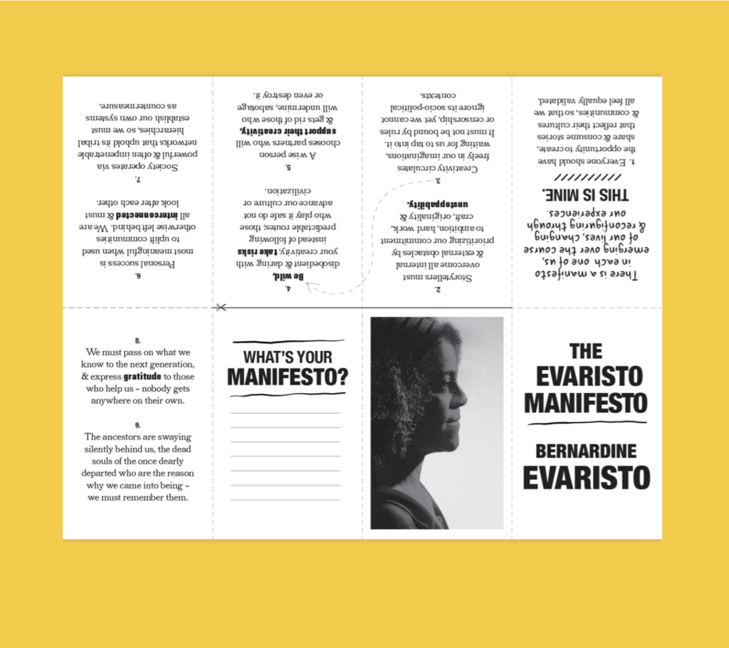 A print-out that can be folded into a zine, called the Evaristo Manifesto Zine. It is primarily composed of text, but one page consists of a black and white photo of the profile of a woman's face.