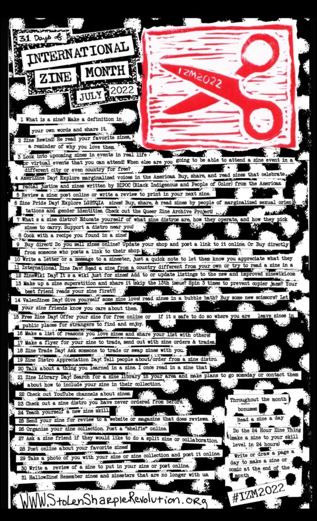 A black and white poster with a pair of red scissors printed on the top right hand corner. The poster suggests 31 prompts for each day of International Zine Month.