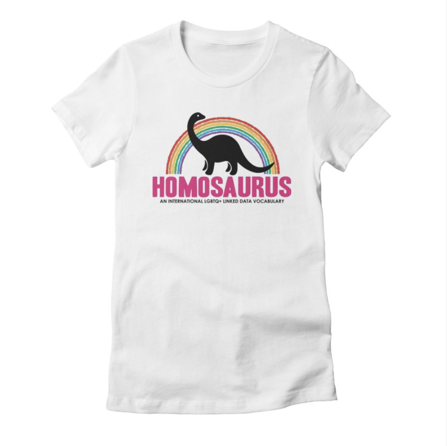 White t-shirt featuring the Homosaurus logo of a dinosaur in front of a rainbow.